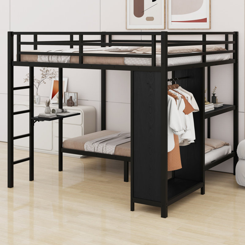 Lit superposé en métal avec garde-robe et bureau pliable