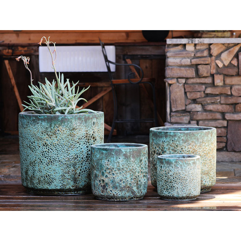 Pot de fleurs Redondo en grès, taille moyenne, lot de 4 - Intérieur/Extérieur, Ensemble de 4, Bronze corail