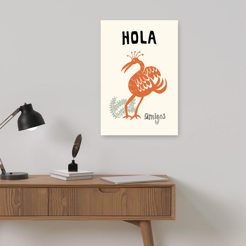 Hola Amigos Bird Rustic Whimsical Abstract Cactus Plant Bird Landscape Nature Wall Art Print 1 Piece Wrapped Canvas Wall Art