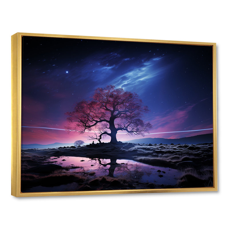 «Blue and Pink Tree In Northern Lights I», art mural arbre, Cadre flottant doré, H 34 po x l 44 po x P 1,5 po