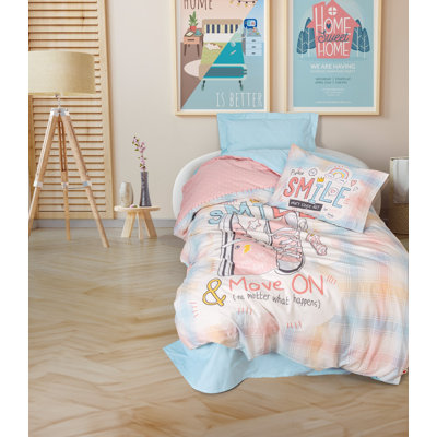 Mint Green Ranforce Young Quilt Cover Set, 63 x 87 Duvet Cover & 20 x 28 Pillowcase | 100% Cotton, 145 Thread Count, Machine Washable | Stylish Pigment Printing, Envelope & Button Closure | Cozy Bedroom Essential