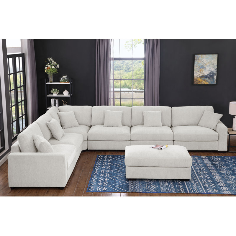 Modular Large 7 Seats Corner Sectional Sofa Comfy Cloud Couch With Movable Ottoman, White Chenille