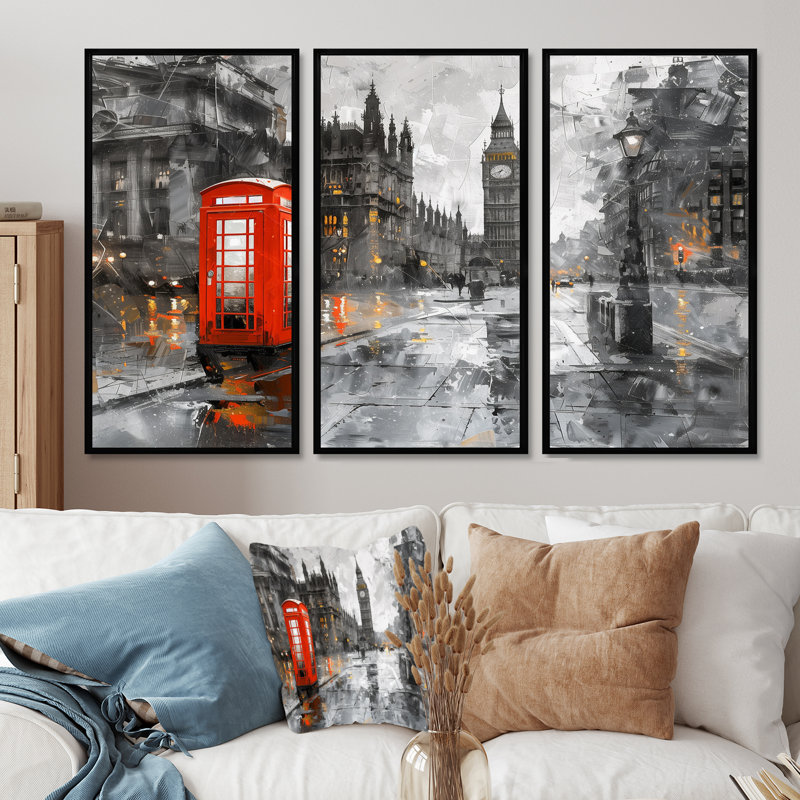 Ensemble de décoration murale Fortier - City London Wall Ar, H 28 po x l 36 po x P 1 po, Toile avec cadre flottant noir