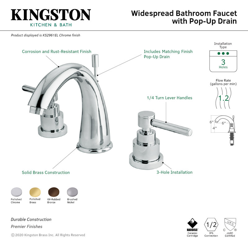 Kingston Brass Elinvar Two-Handle 3-Hole Deck Mount Widespread Bathroom Faucet with Brass Pop-Up Drain, Oil Rubbed Bronze