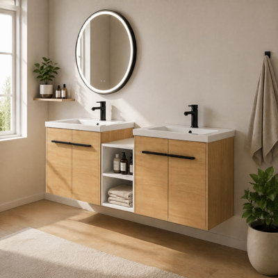 Meuble-lavabo mural 60 po avec lavabo en résine, 4 portes à fermeture en douceur et tablette ouverte, ensemble de meuble-lavabo flottant au fini chêne naturel pour la salle de bain principale
