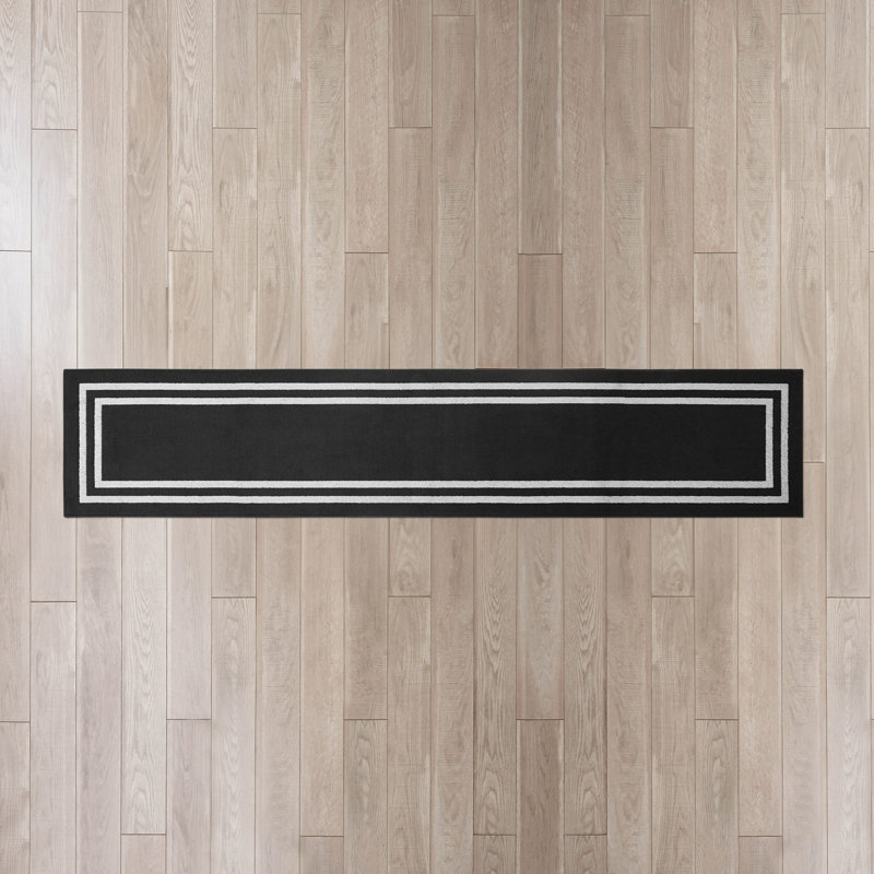 Double Border Machine Tufted Performance Black/Twisted Grey  Rug, Rectangle 2'6" x 10'
