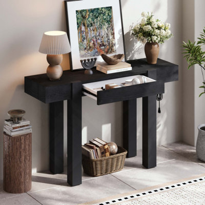 Console rustique minimaliste avec tiroir caché, prise de courant latérale, table d'entrée en bois pour les entrées, les salons et les bureaux à domicile