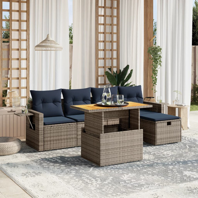  Ensemble de canapé de patio 6 pièces avec coussins en rotin de polyester, Bleu, Gris