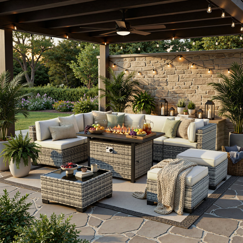 Ensemble de conversation de patio 10 pièces avec table de foyer au propane de 55 000 BTU, canapé modulaire en osier, 2 repose-pieds et table basse