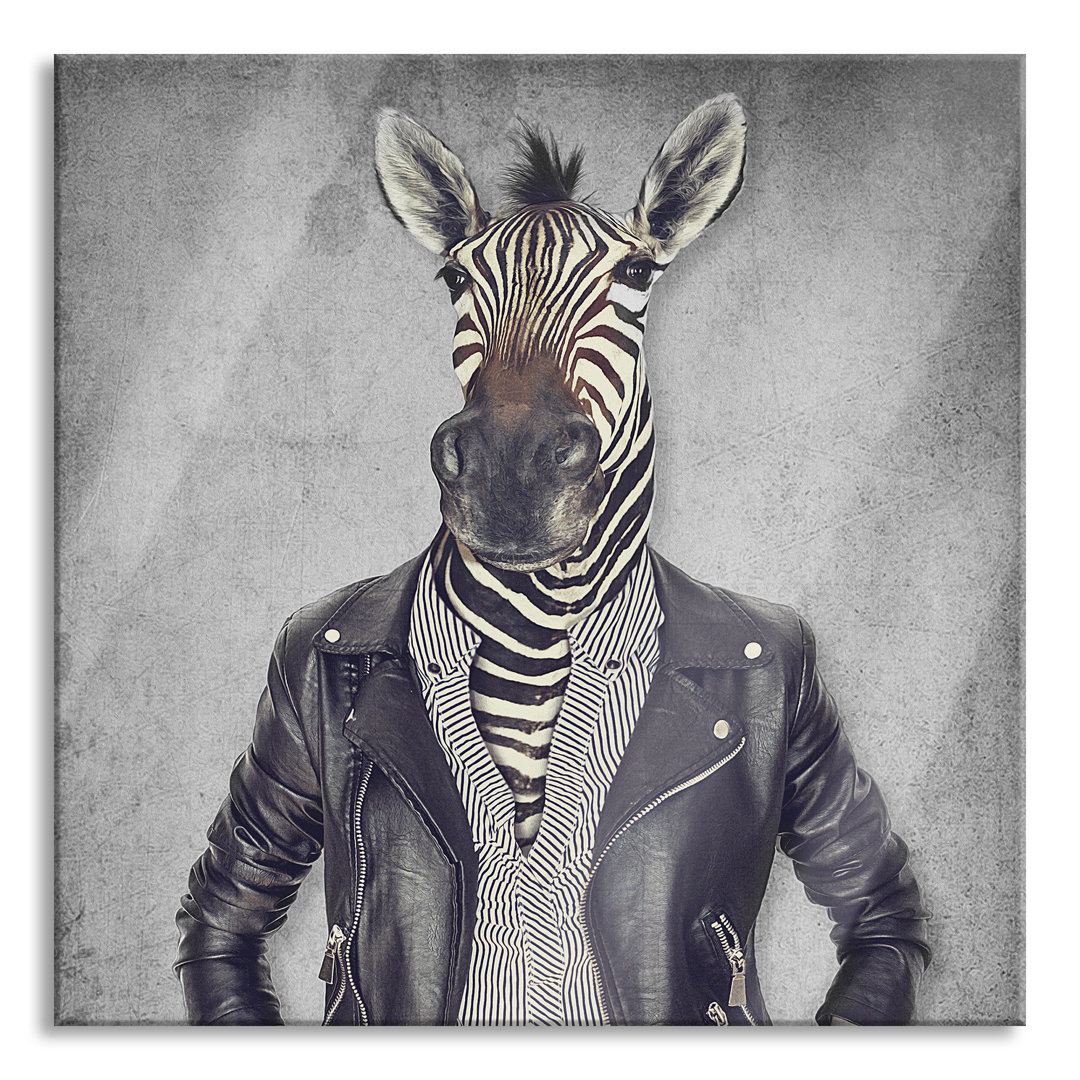 Glasbild Zebrakopf Menschenkörper mit Lederjacke