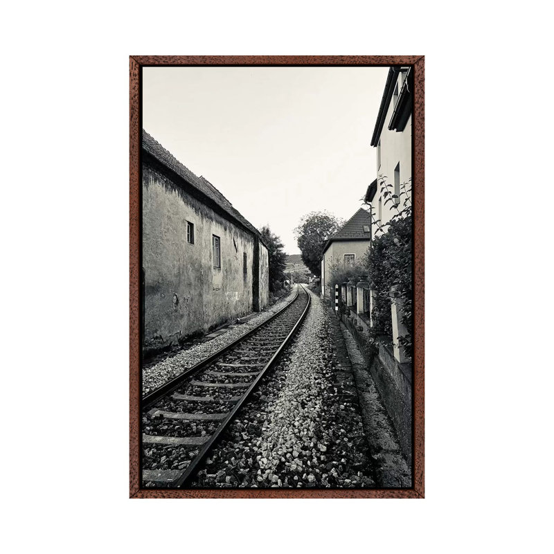 Train Tracks in Black and White 1 Piece Wall Art on Canvas, 66.04 cm H x 45.72 cm W, Classic Brown Wood Framed