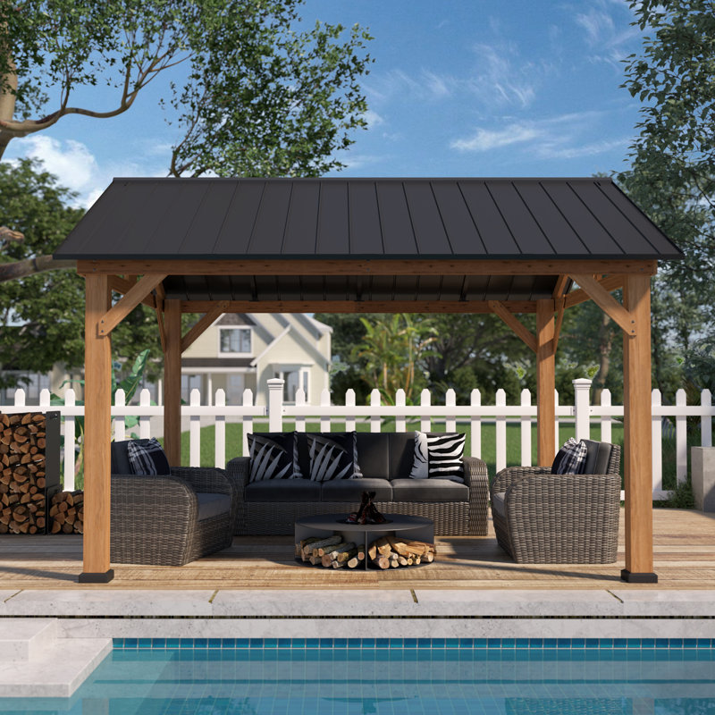 Permanent Wood Gazebo 13 Ft. W x 11 Ft. D Solid Wooden Patio Gazebo, Black