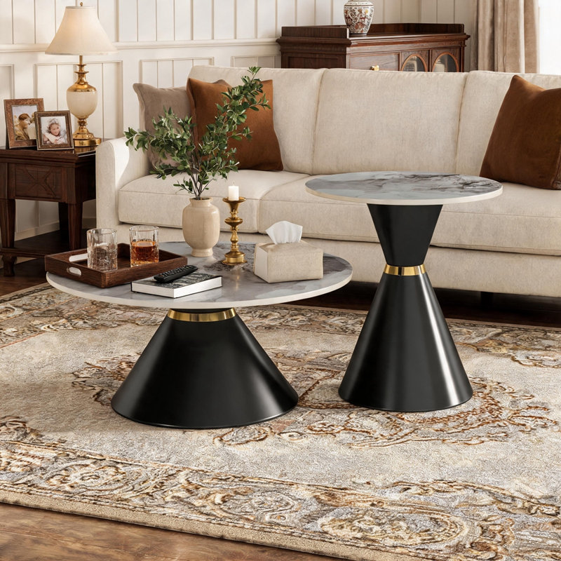 Ensemble de 2 tables basses rondes gigognes, Noir + or