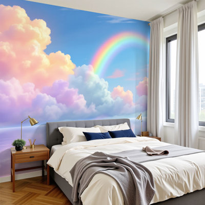 Papier peint adhésif Boho avec nuages pastel, arc-en-ciel réfléchi, eaux calmes murales, H 100 po x l 144 po, papier peint amovible en PVC, peintures murales auto-adhésives, décoration pour le salon de la chambre à coucher