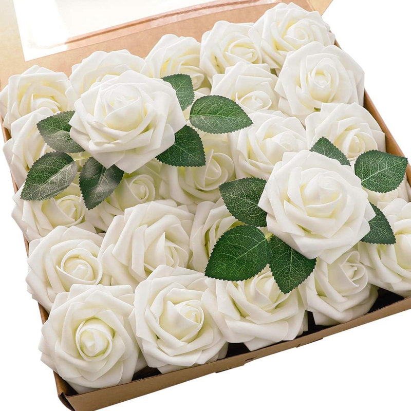 Fleurs artificielles artificielles en mousse ivoire avec tiges pour les bouquets de mariage bricolage