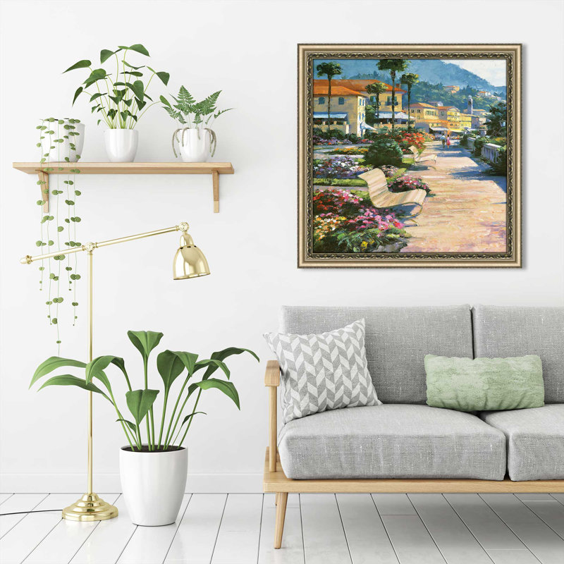 «Bellagio Promenade I» par Howard Behrens - Peinture, Encadrement champagne, H 31,5 po x l 31,5 po x P 1 po