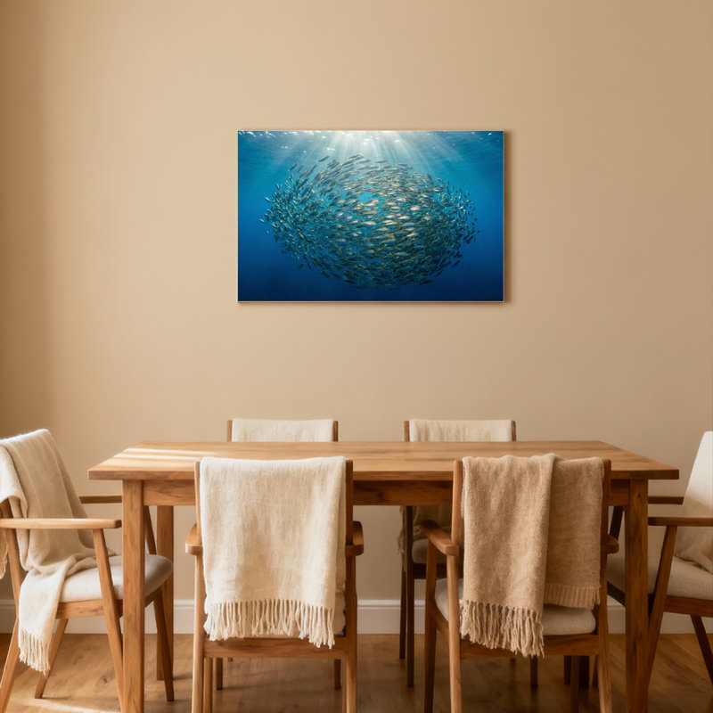 Ensemble de 1 tableau sur toile tendue représentant un banc de poissons sous-marins à la lumière du soleil, H 16 po x l 24 po