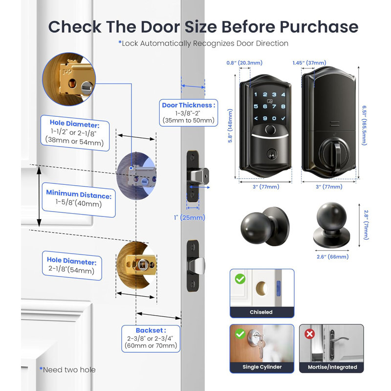 Serrure intelligente Wi-Fi intégrée avec 2 boutons, ensemble de poignées de serrure de porte d'entrée sans clé à empreinte digitale pour la porte d'entrée, télécommande de l'application, pêne dormant à clavier numérique électronique, étanche IP65