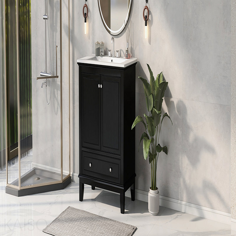 Meuble-lavabo 30 po avec lavabo, armoire de salle de bain multifonctionnelle avec portes et tiroir, bois massif et panneau de fibres à densité moyenne, noir