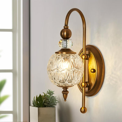 Vintage Gold Wall Sconce With Clear Glass Globe Shade - Mid Century Brushed Brass Vanity Light For Bathroom, Bedroom, Living Room, Hallway - G9 Bulb Compatible (Bulb Not Included)
