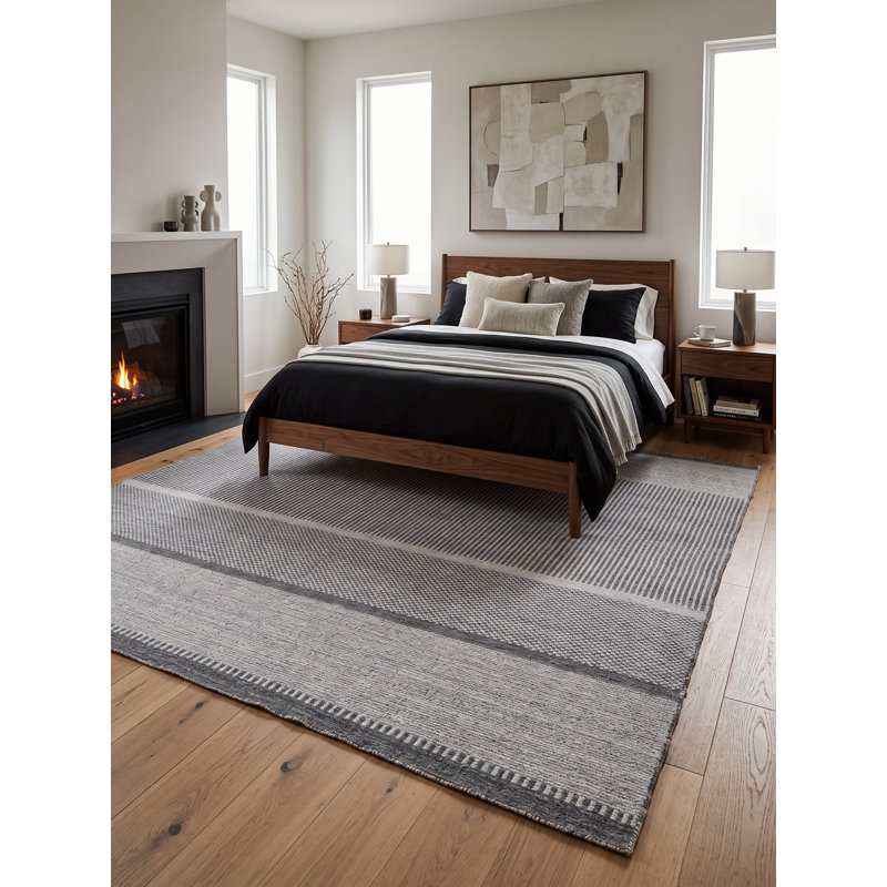 Meraki 01 Hand Loomed Striped Area Rug in Silver/ Charcoal, Rectangle 8' x 10'