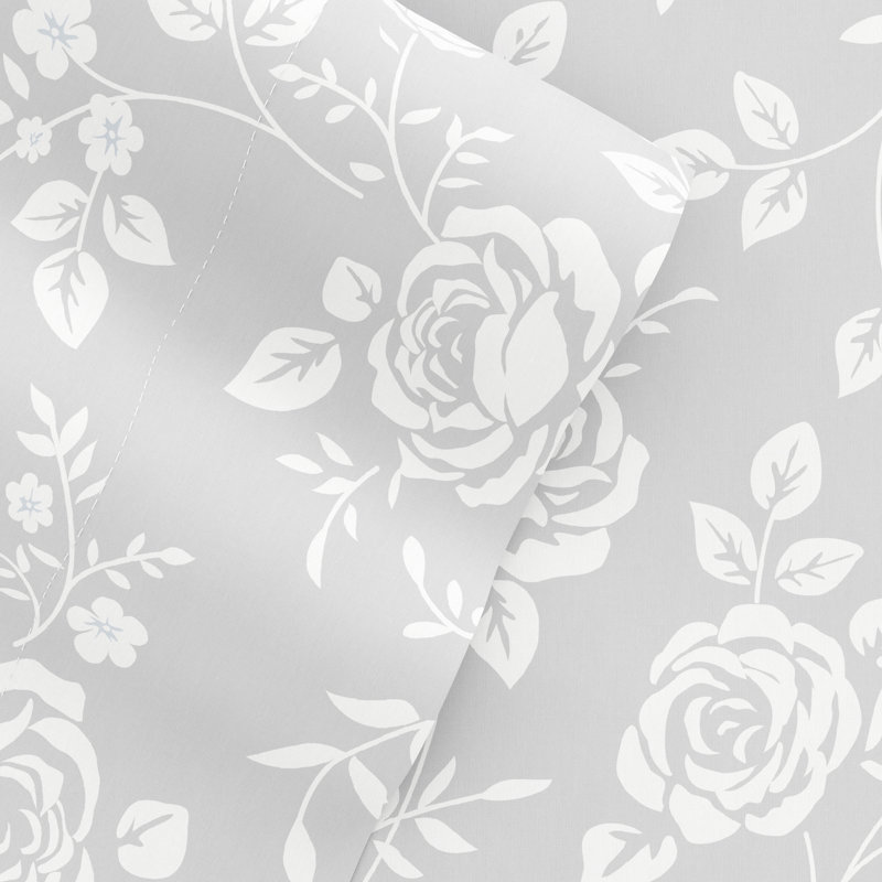Twin Light Gray Rose Print Cotton Microfiber Sheet Set