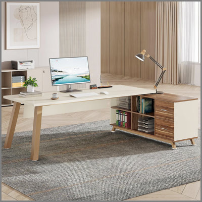 Bureau de direction en L de 78,7 pouces avec classeur de 55 pouces, grand bureau d'ordinateur moderne avec tablettes de rangement et tiroirs pour le bureau à domicile, mobilier de bureau en noyer et blanc