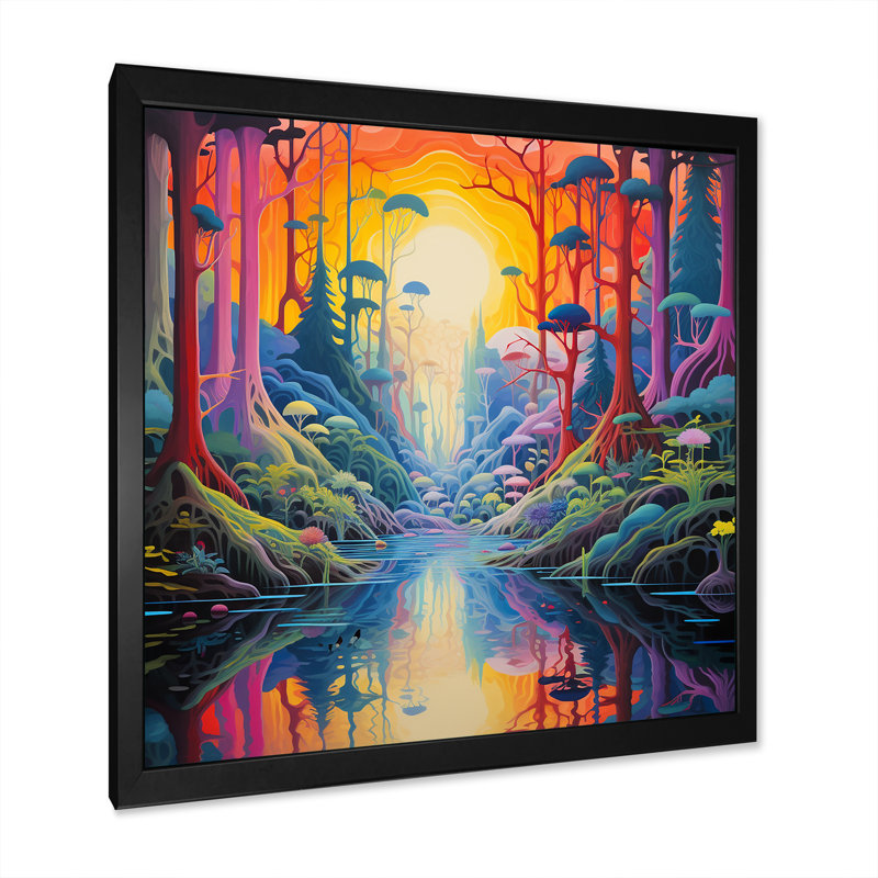 «Divine Dreams Sun Rising Cosmic Forest River I», reproduction sur toile, Cadre simple noir, H 30 po x l 30 po x P 1 po