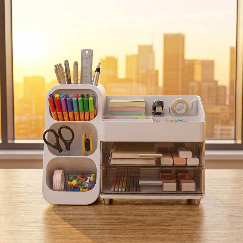 Organiseur de bureau avec porte-stylos et porte-crayons, rangement de bureau avec 2 tiroirs et 4 compartiments, organisateur de fournitures de bureau en plastique blanc, idéal pour le bureau, la maison et l'école.