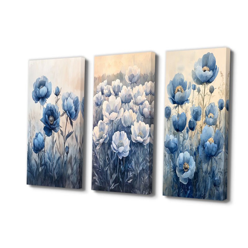 Pivoines bleues sombres dans le pâture I - Collection de décorations murales pivoines, Toile tendue, H 28 po x l 36 po