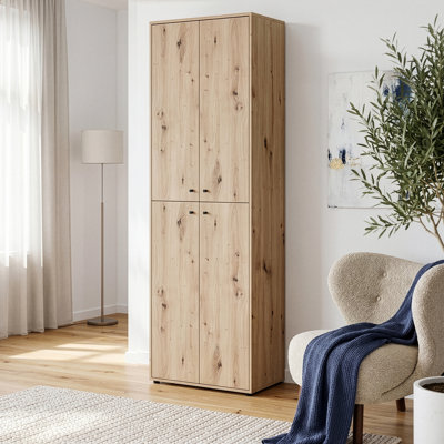 Modern 4-Door Cabinet Unit with inside shelving, office/living room, versatile storage, engineered wood, warm oak decor, 73.7 cm W x 216.7 cm H x 34.8 cm D