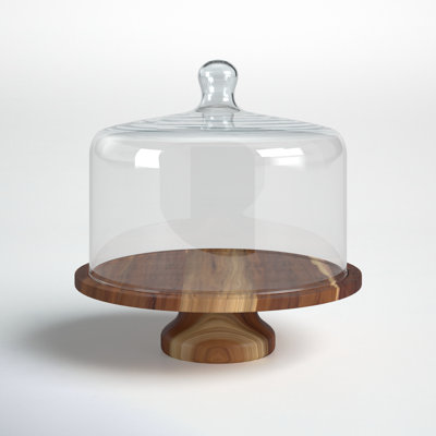 Libbey Acaciawood Footed Round Wood Server Cake Stand with Glass Dome