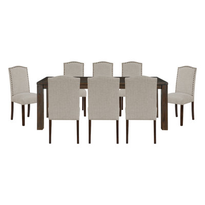 9pc Dining Set Dark Brown Finish Table and Taupe Fabric Upholstered 8x Side Chairs Wooden Modern Dining Kitchen Furniture