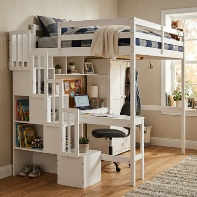Full Size Wood Loft Bed with Desk, Bookcase & Storage Wardrobe, Built-in Staircase with Storage, Safety Guardrails & Solid Wood Slats