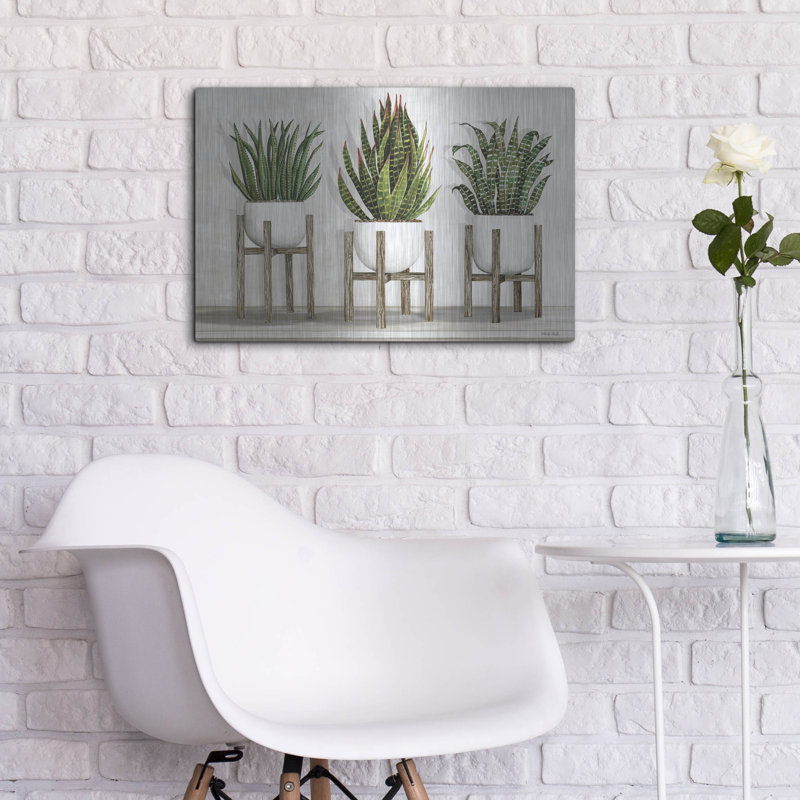 «White Pots on Stands I» par Cindy Jacobs, art mural en métal, 24 po x 16 po, H 16 po x l 24 po