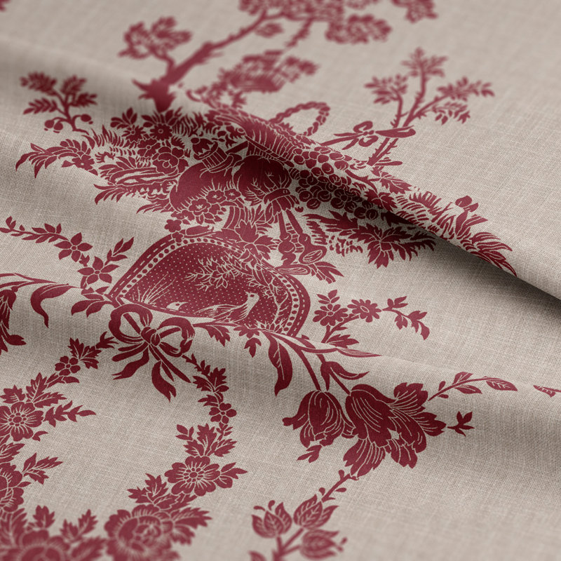 Country Lane Toile Crimson Cotton Pinch Pleat Drapery Panel Set of 2, 40" W  x 108" L