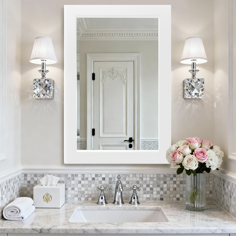Miroir mural rectangulaire avec cadre profond et miroir de meuble-lavabo en verre trempé HD, Blanc, 36 po x 24 po