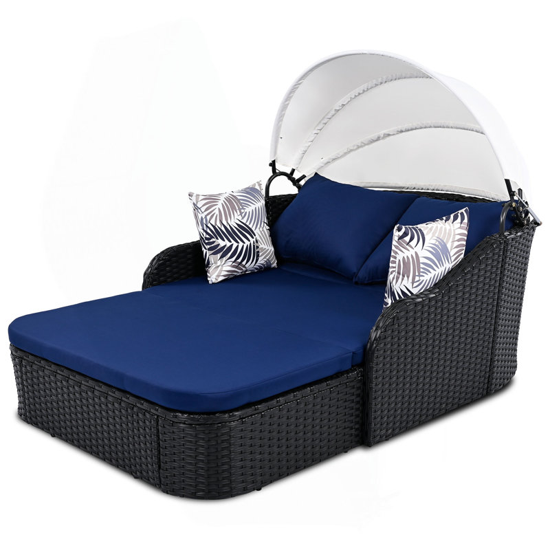 Lit de bronzage d'extérieur 79,9 po avec auvent réglable, lit double, lit de repos en rotin PE, osier et coussin