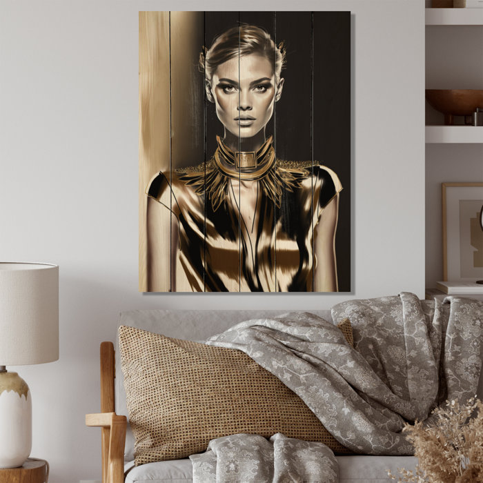Everly Quinn Fashion Model In Retro Gold Design V On Wood Print | Wayfair