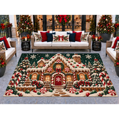5’ x 7’ Outdoor Area Rug Gingerbread House Candy Cane Red Green Cream Brown, Heavyweight Waterproof PVC Coil Loop Carpet, Quick Dry Indoor Outdoor Mat for Christmas Porch Deck Entryway