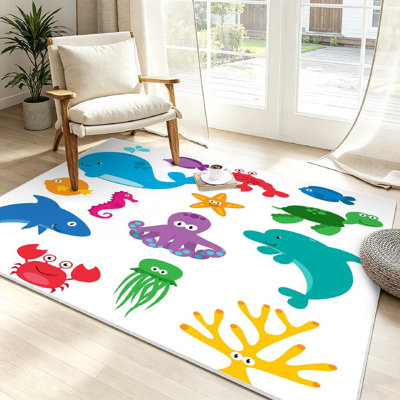 Clear Machine Washable,Sea Animals Cute Octopus Fish Whale Indoor Area Rug
