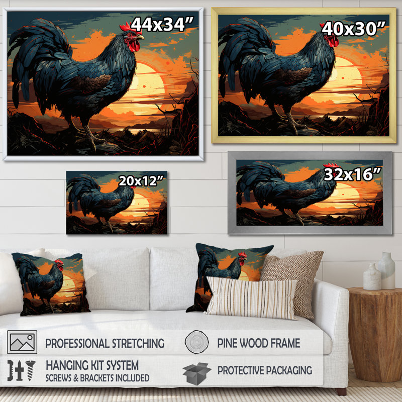 «Sunset Roosters Farmyard II», art mural coq, Toile tendue, H 34 po x l 44 po x P 1,5 po