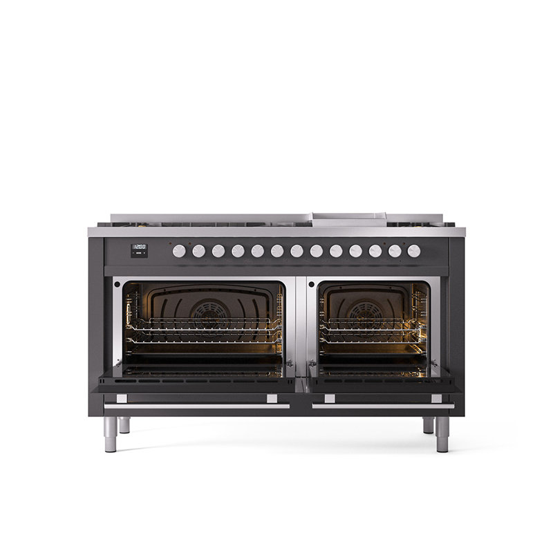 ILVE Professional Plus II 60 in Dual Fuel Range 9 Burner, Griddle, Liquid Propane, Graphite Matte/Stainless Steel