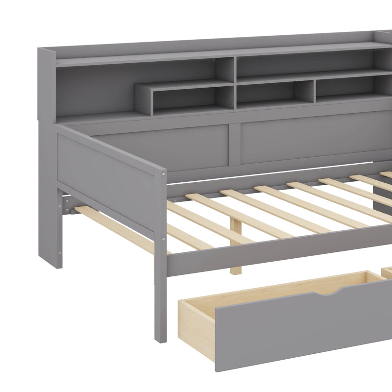 Wooden Daybed Featuring Built-in Storage, Drawers, and an Adjacent Work Desk, Gray