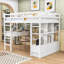 Lit mezzanine en bois 6 tiroirs avec bureau, tablettes et garde-corps