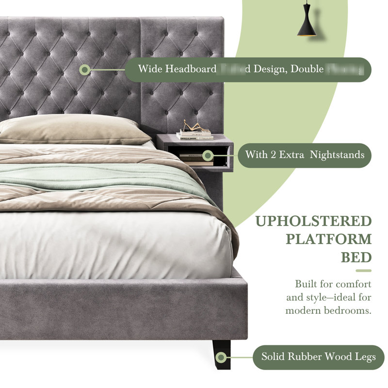 Lit plateforme de luxe très grand - tête de lit tapissier en velours, gris, 2 tables de chevet, losange, sans sommier, structure en bois robuste, fabrication facile pour la chambre à coucher, mobilier