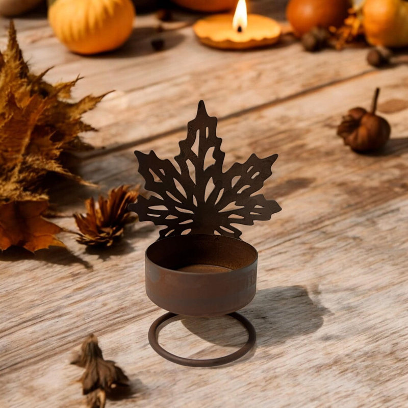 Fall Leaf Rusty Tealight Holder, 4.25" H x 3"W x 2"D