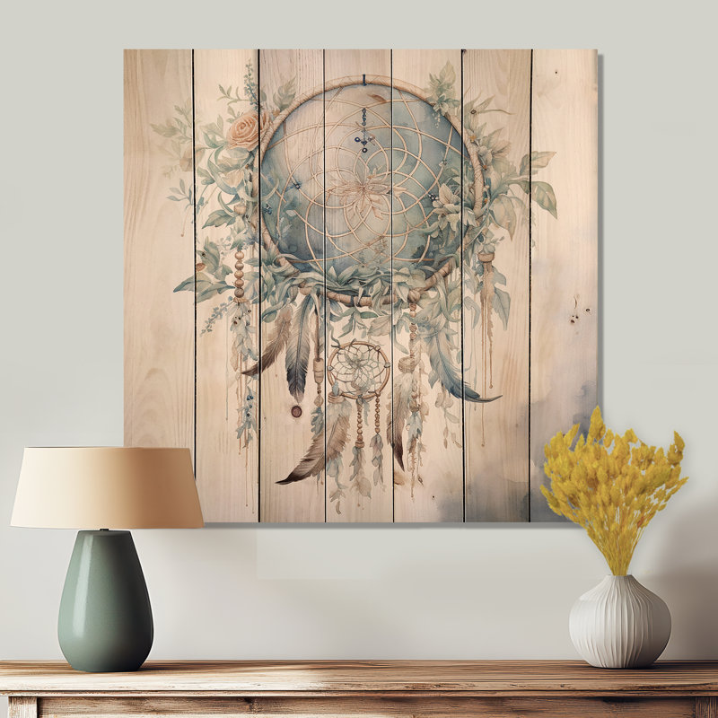 Capteur de rêves bleu sarcelle, tissages éthérés sur bois, H 35 po x l 35 po x P 0,78 po