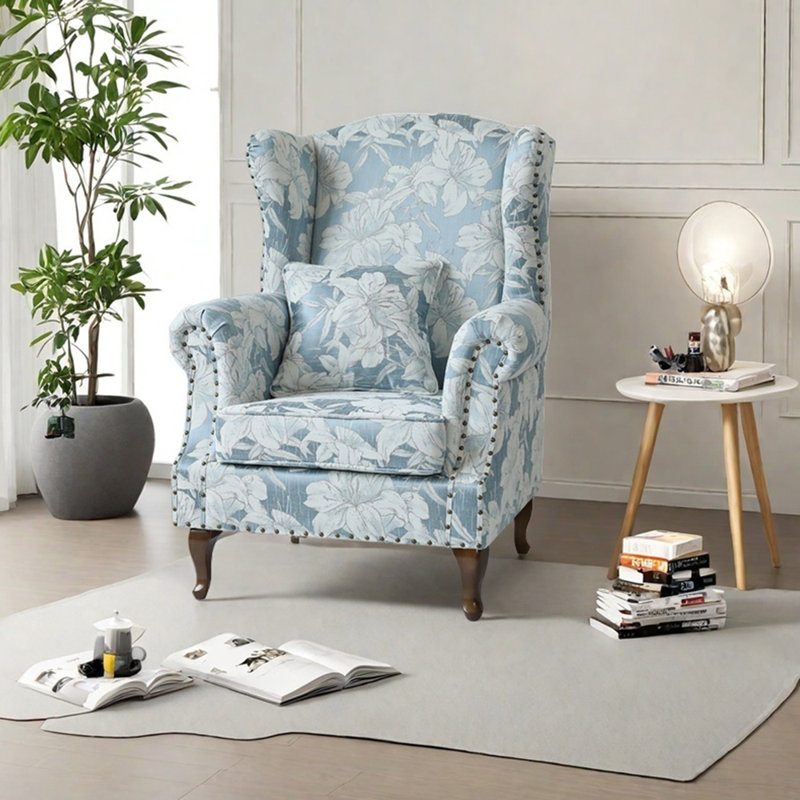 Chenille jacquard and studded recliner, Sky blue