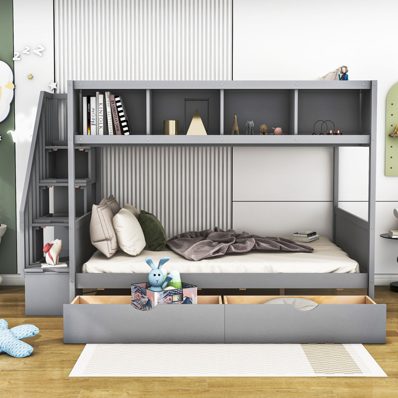 Hader Kids Twin Over Full Bunk Bed with Drawers, Gray